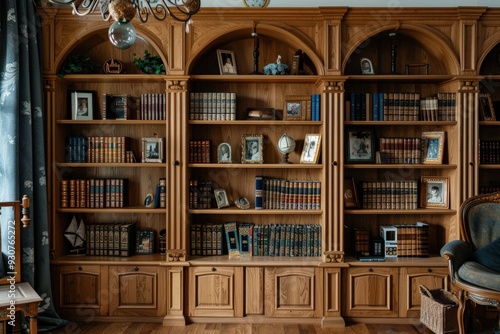 Wallpaper Mural A large wooden bookcase with many books and pictures on it, generative ai image Torontodigital.ca