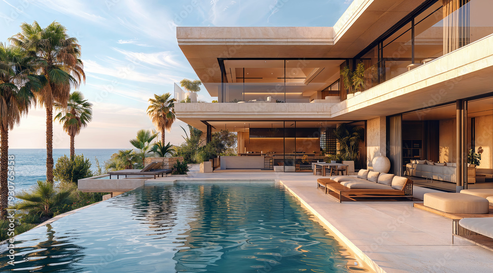 Fototapeta premium An architectural rendering of the exterior view across an infinity pool of a modern mansion on beachfront with white walls and large glass windows overlooking the coastal ocean