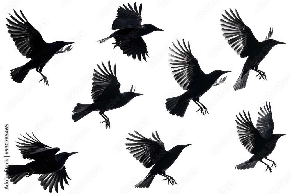 Obraz premium A group of black birds soaring through the air in unison