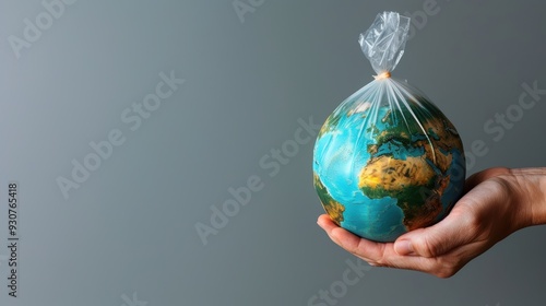 Earth in a Bag, a thought provoking visual of a human hand cradling the planet within a plastic bag, symbolizing the fragile state of our environment amid climate change.