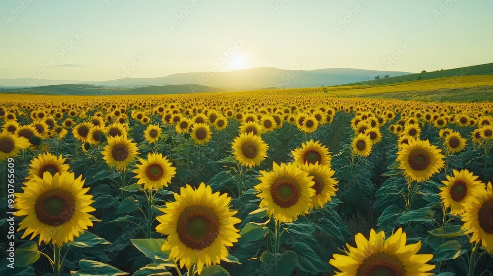 Obraz premium Vibrant Sunflower Field Under Clear Blue Skies - Wide Shot Nature Photo