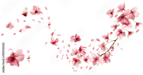 Fototapeta Naklejka Na Ścianę i Meble -  Creative floral template. Cherry blossom sakura flower petal floral branch falling flying flow fall fly on transparent cutout PNG. Mockup for artwork graphic design

