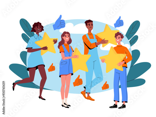 People hold stars. Men and women with stars in hands. Feedback and review on internet. Rating and ranking. Opinion of users and customers. Flat vector illustration isolated on white background