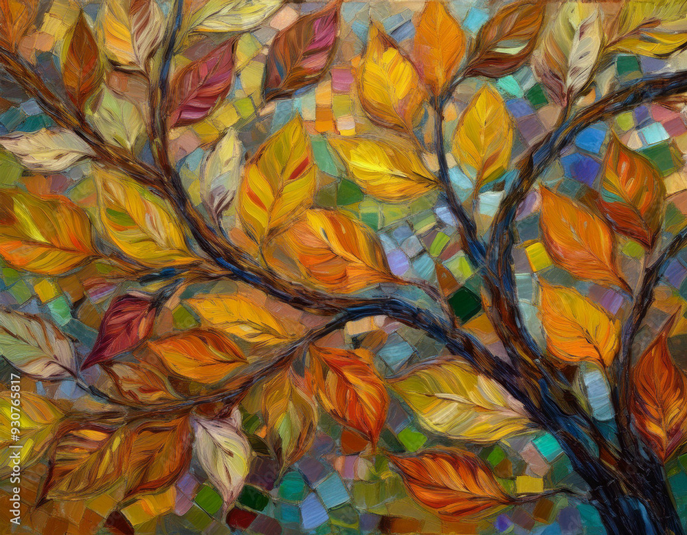 Autumn Mosaic with Abstract Shapes Representing Leaves, Bark, and Natural Elements in Seasonal Shades Autumn Mosaic with Abstract Shapes Representing Leaves, Bark, and Natural Elements in Seasonal Shades