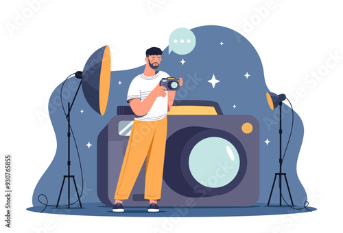 Photographer at studio. Young guy with camera stands near soft boxes. Professional equipment for filming. Cameraman and paparazzi. Flat vector illustration isolated on white background