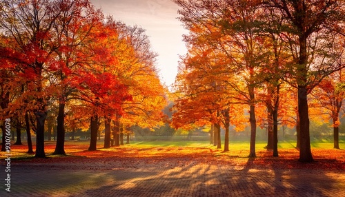 A serene fall afternoon in the park, with warm red, yellow, and orange leaves, soft light, light fog, and a peaceful, calming atmosphere.