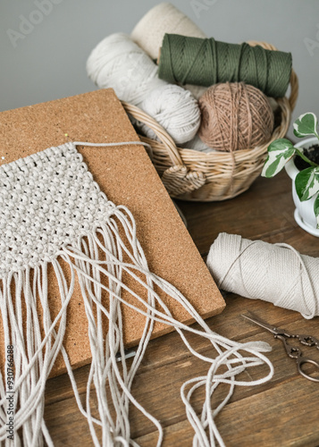 Macrame workspace in a cozy home workshop photo