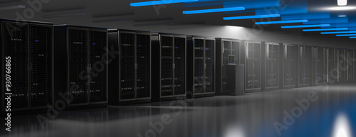Server. Server data center. Backup, mining, hosting, mainframe, farm and computer rack with storage information. 3d rendering