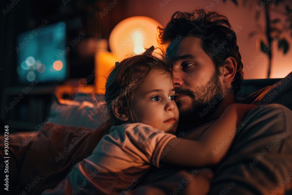 A man and a young girl sit together on a cozy couch, enjoying each other's company A man and a young girl sit together on a cozy couch, enjoying each other's company
