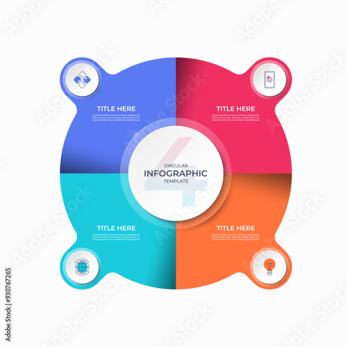 Infographic circle with 4 options, parts. 4-step vector template for business infographics. Process chart, cycle diagram for business presentation, report, brochure, web, data visualization.