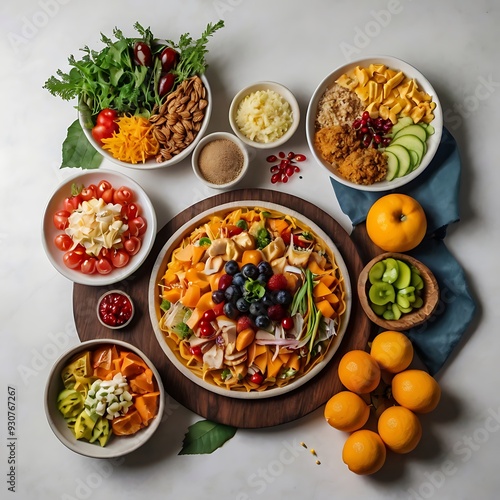 Wallpaper Mural Food day decoration of meal, vegetables and fruits. Creative concept for healthy foods, fresh vegetables, fruit, with plate, food day celebration with attractive healthy food in white background Torontodigital.ca
