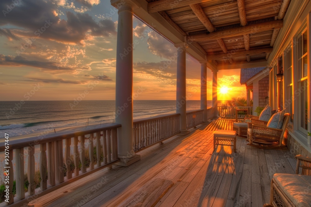 Obraz premium A serene scene of the sun setting over the ocean from a cozy porch