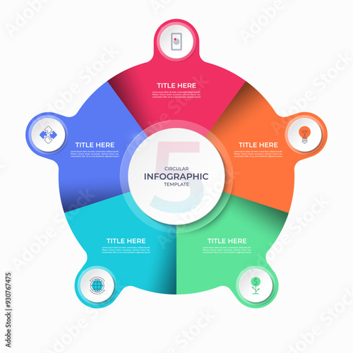 Infographic circle with 5 options, parts. 5-step vector template for business infographics. Process chart, cycle diagram for business presentation, report, brochure, web, data visualization.