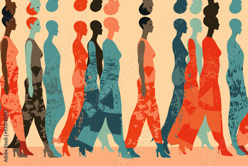 Women horizontally seamless pattern. Repetitive vector illustration of vintage coloured women walking. Women's Month, International Women's Day, Freedom