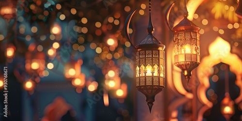 Glowing Crescent Lanterns Celebrating Islamic New Year with Mosque Gifts and Sacred Hijri Lunar Calendar 3D Render Muharram Celebration of Allah s Blessings in Muslim Community Festive Sale photo