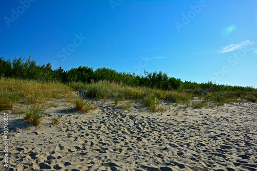 Obraz na płótnie piaszczysta wydma nadmorska, piaszczysta wydma z trawami na tle niebieskiego nieba, seaside sand dune, sand dune with grasses against the background of the sky, nadmorski pejzaż w salonie