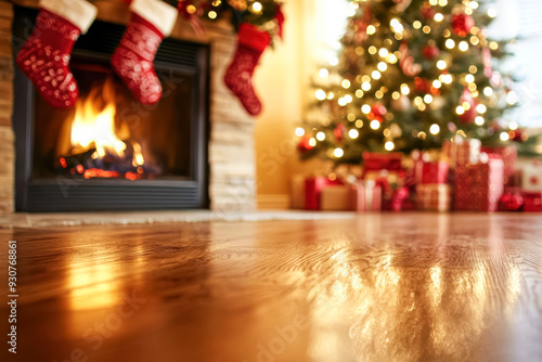 Christmas Living Room with Stockings and Presents by the Fire. A festive holiday scene featuring a warm fire, stockings hung on the mantel, and a glowing Christmas tree with presents underneath.
 photo