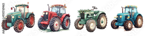 A collection of four colorful, vintage tractors illustrated in a row, showcasing agricultural machinery design and nostalgia.