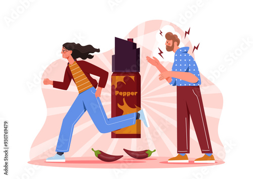 Woman with self defense. Young girl sprayed pepper spray in mans face. Countering danger on city street. Defense against pickpocket and sexual assault. Flat vector illustration