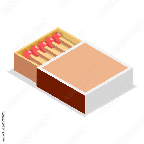 3D Isometric Flat Vector Illustration of Matchstick Box, Wooden Sticks for Making Bonfire Outdoor. Item 4