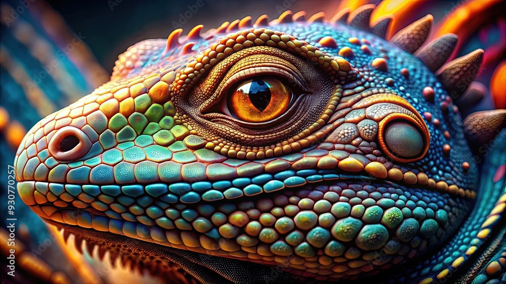 Fototapeta premium Vibrant, intricate scales on a reptile's back showcase a mesmerizing pattern of interlocking shapes, swirling colors, and textured ridges, evoking a sense of ancient, primordial beauty.