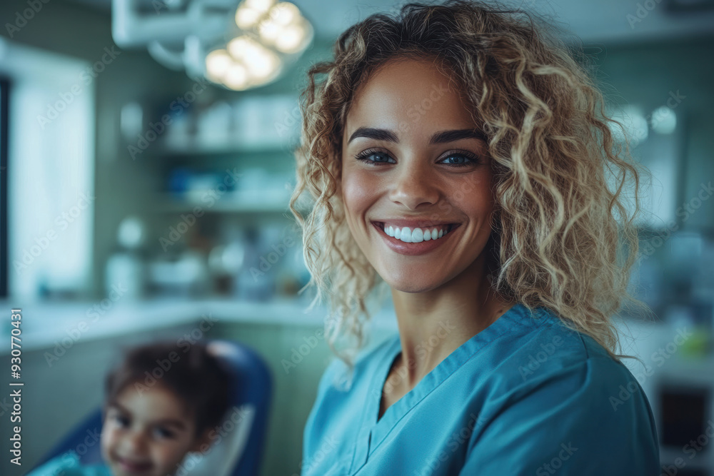 Smiling Female Dentist with Child Patient in Dental Clinic Smiling Female Dentist with Child Patient in Dental Clinic