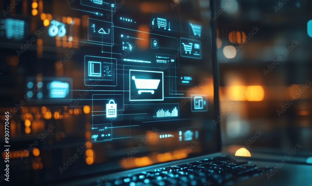 A computer screen shows a shopping cart icon. The image is a representation of a digital shopping experience A computer screen shows a shopping cart icon. The image is a representation of a digital shopping experience