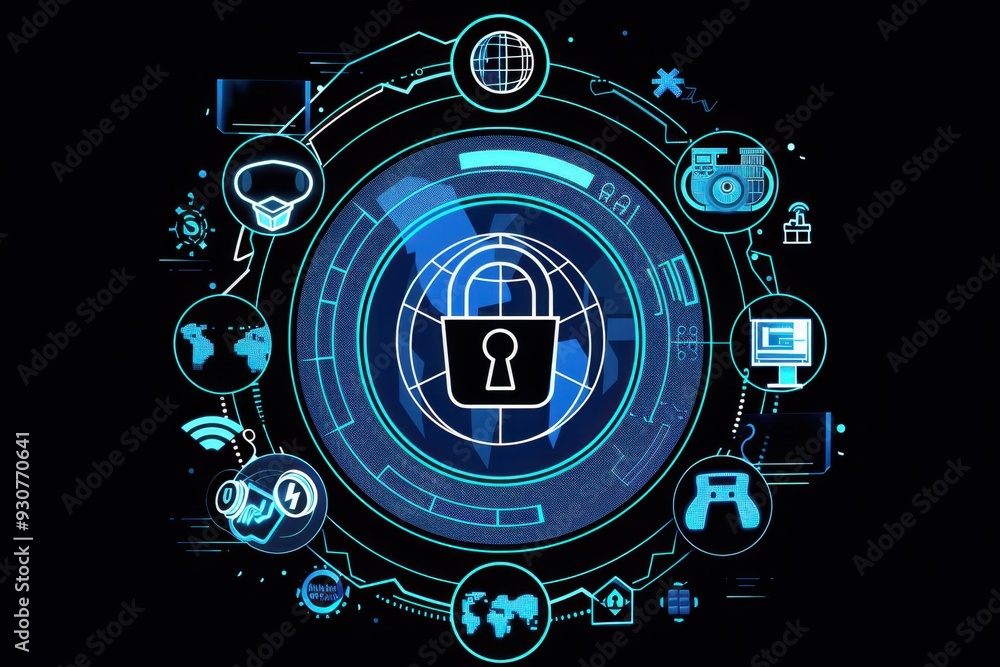 an icon featuring security symbols such as a padlock, globe, and icons representing technology and gaming with a blue color theme on a black background Generative AI an icon featuring security symbols such as a padlock, globe, and icons representing technology and gaming with a blue color theme on a black background Generative AI