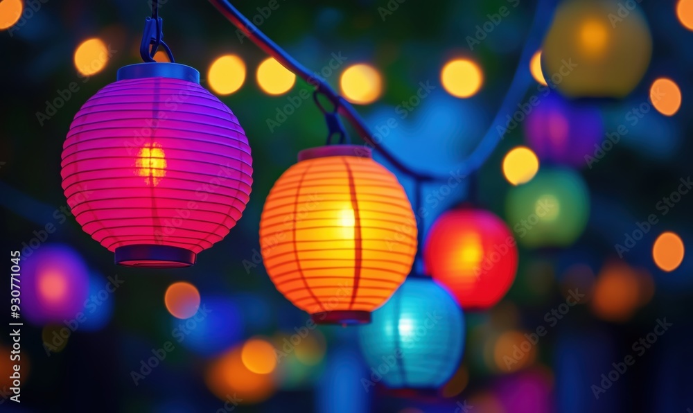 A string of colorful lanterns hanging from a tree. The lanterns are of different colors and sizes, creating a vibrant and lively atmosphere A string of colorful lanterns hanging from a tree. The lanterns are of different colors and sizes, creating a vibrant and lively atmosphere