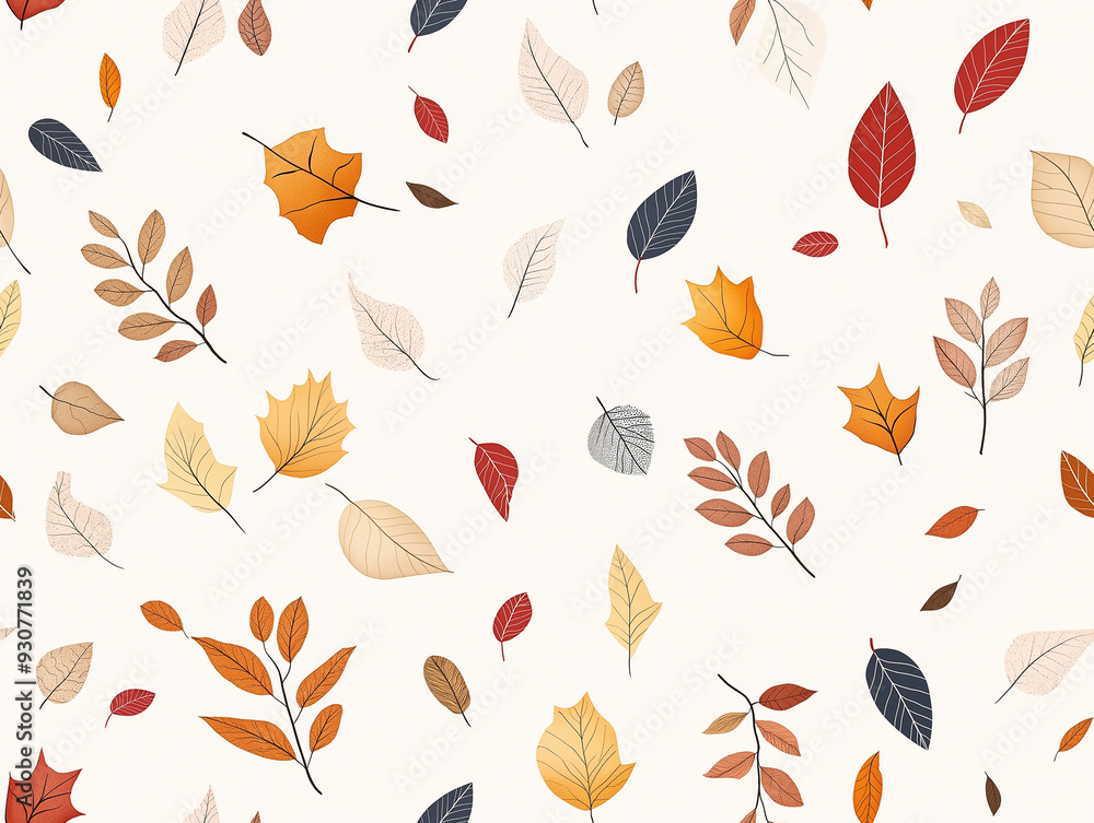 Obraz premium An autumn-themed seamless pattern featuring various leaves in shades of orange, red, and yellow scattered on a light background. Ideal for seasonal and nature-related designs.