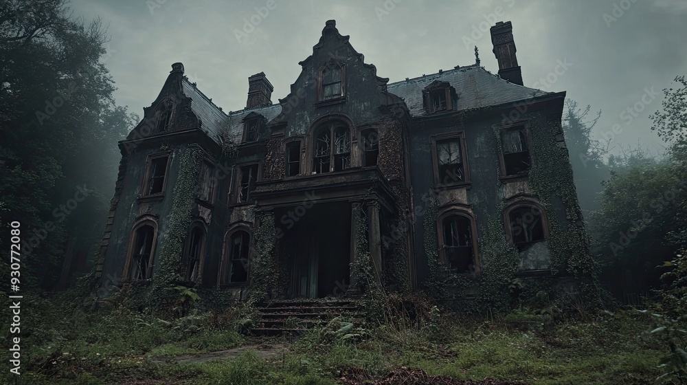 A creepy old house with ivy growing on it. The house is surrounded by a forest and the sky is cloudy A creepy old house with ivy growing on it. The house is surrounded by a forest and the sky is cloudy