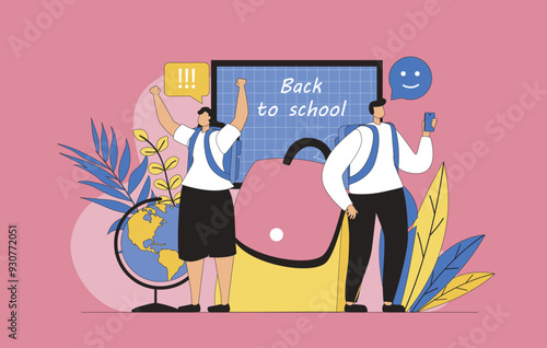 Back to school concept with modern flat design for web. Schoolgirl and schoolboy with backpack going to classroom with blackboard, learning at lessons and studying at seminars.Vector illustration.