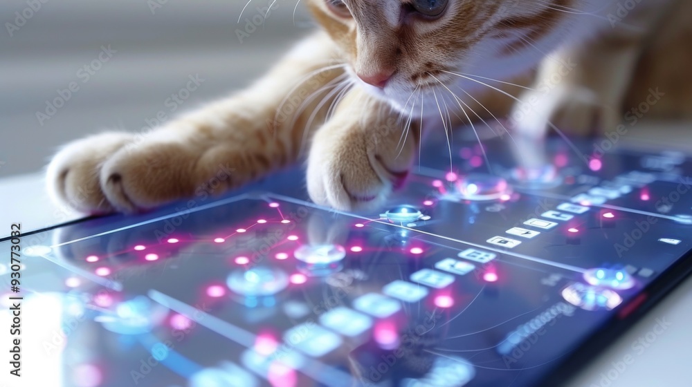 Futuristic Feline Create an image of a cats paw interacting with a ...
