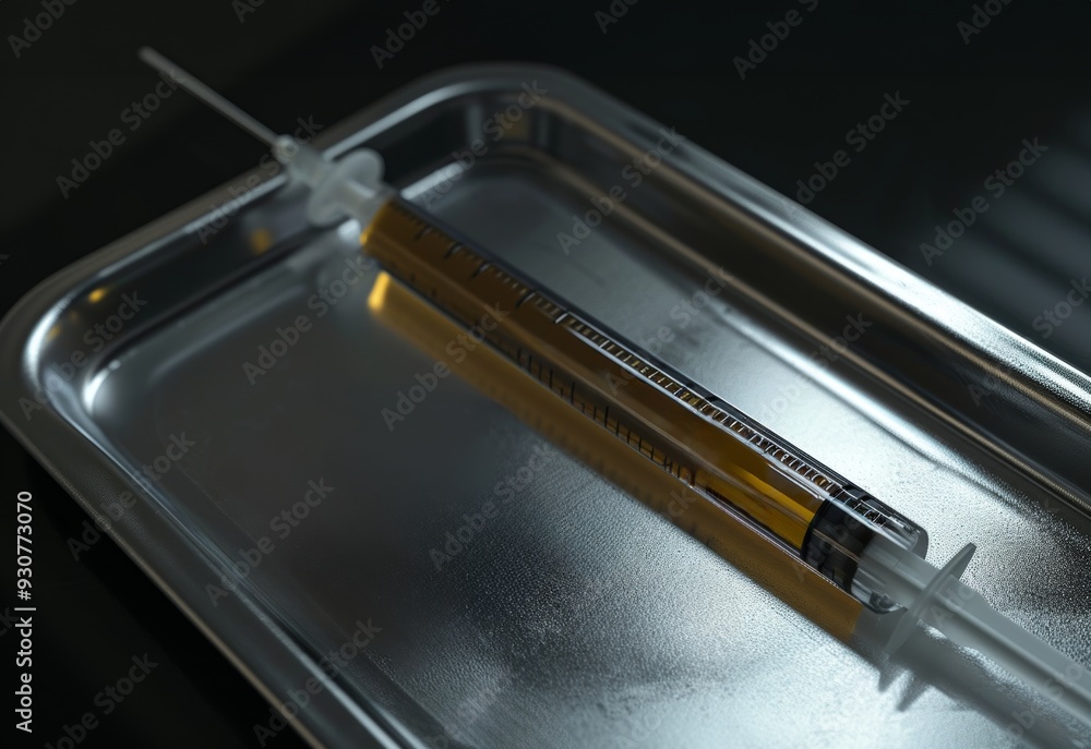 A syringe filled with narcotics on a metallic tray, symbolizing the harsh reality of drug addiction. A syringe filled with narcotics on a metallic tray, symbolizing the harsh reality of drug addiction.
