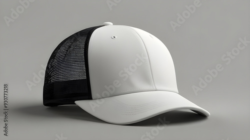 mockup of a trucker hat and blank white baseball with a half turn photo