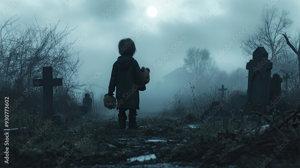 A young boy is walking through a graveyard at night, holding a teddy bear A young boy is walking through a graveyard at night, holding a teddy bear