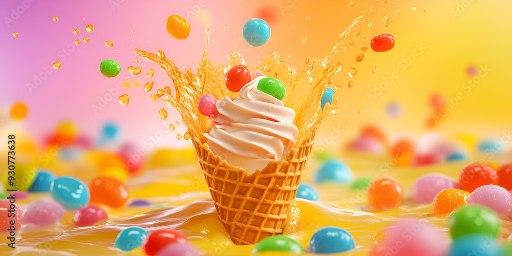 Ice Cream Cone with Whipped Cream and Colorful Sprinkles in Liquid Splash Ice Cream Cone with Whipped Cream and Colorful Sprinkles in Liquid Splash