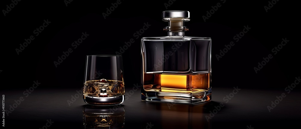 Premium transparent bottle and glass of Scotch whiskey isolated on a black background, highlighting Premium transparent bottle and glass of Scotch whiskey isolated on a black background, highlighting