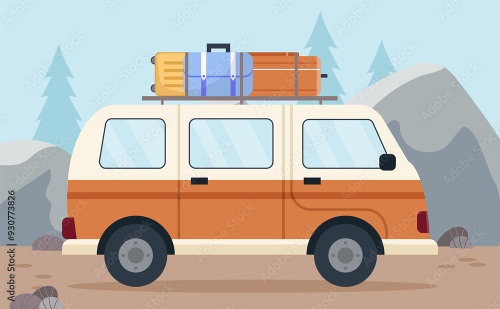 Obraz premium Travel by car. Van with luggage and baggage. Active lifestyle, hiking and camping. Trip and tourism in forest, mountains. Auto at road. Flat vector illustration isolated on white background