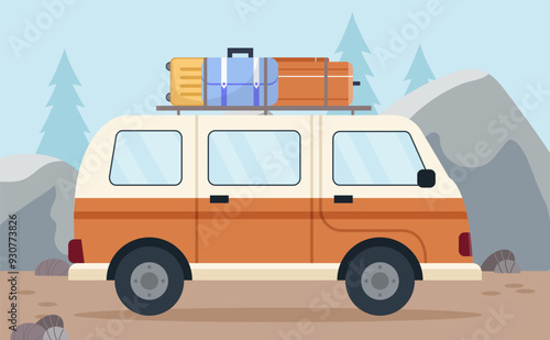 Travel by car. Van with luggage and baggage. Active lifestyle, hiking and camping. Trip and tourism in forest, mountains. Auto at road. Flat vector illustration isolated on white background