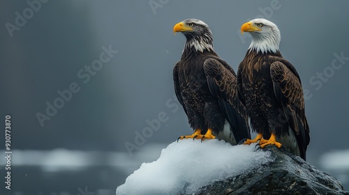 Two Bald Eagles Perched on a Snowy Rock photo