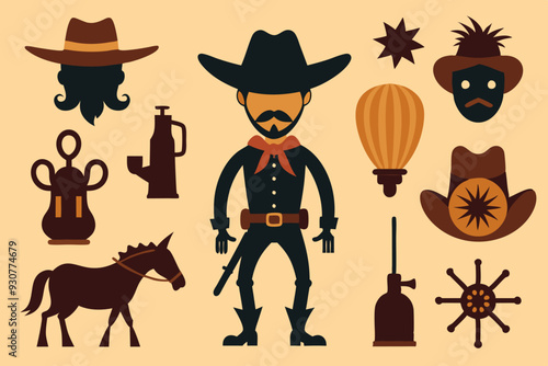 A cowboy is standing next to a cactus and a horse under the sun