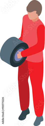Pit crew member carrying tire for formula one race car