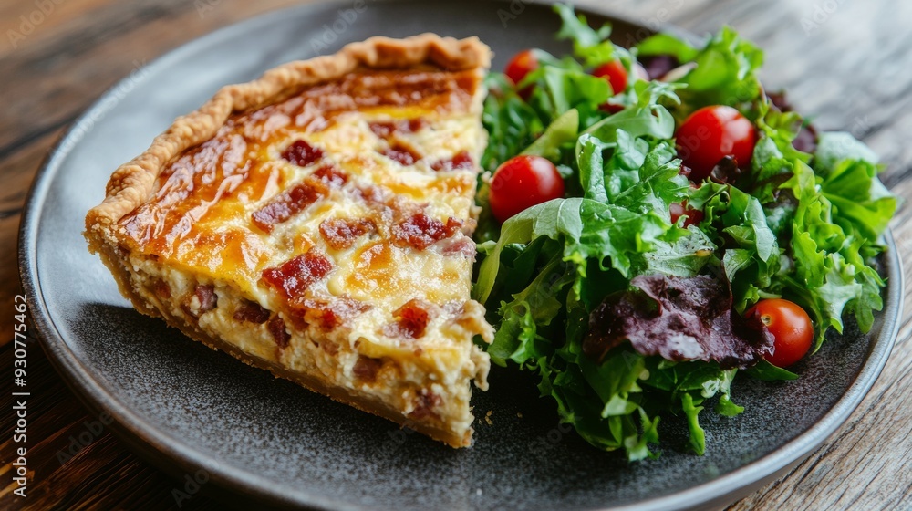 Lorraine custard pie, with a golden crispy crust, stuffed with fatty bacon and melted cheese. The pie is served with a bright side dish of fresh herbs, cherry tomatoes and light dressing. Lorraine custard pie, with a golden crispy crust, stuffed with fatty bacon and melted cheese. The pie is served with a bright side dish of fresh herbs, cherry tomatoes and light dressing.