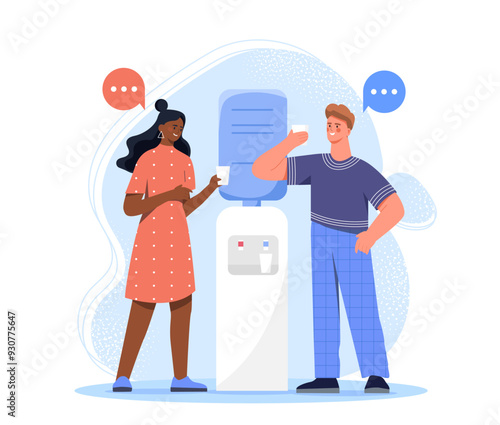 People near water cooler. Man and woman drinking water. Workers at break. Communication and interaction between workers. Flat vector illustration isolated on white background