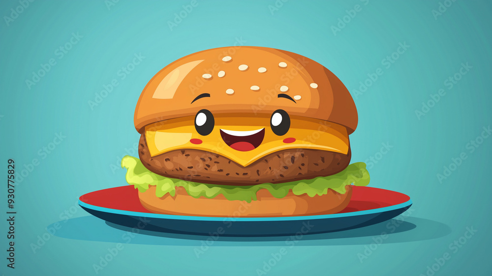 A cheerful, cartoon-style hamburger on a blue plate with lettuce and cheese A cheerful, cartoon-style hamburger on a blue plate with lettuce and cheese