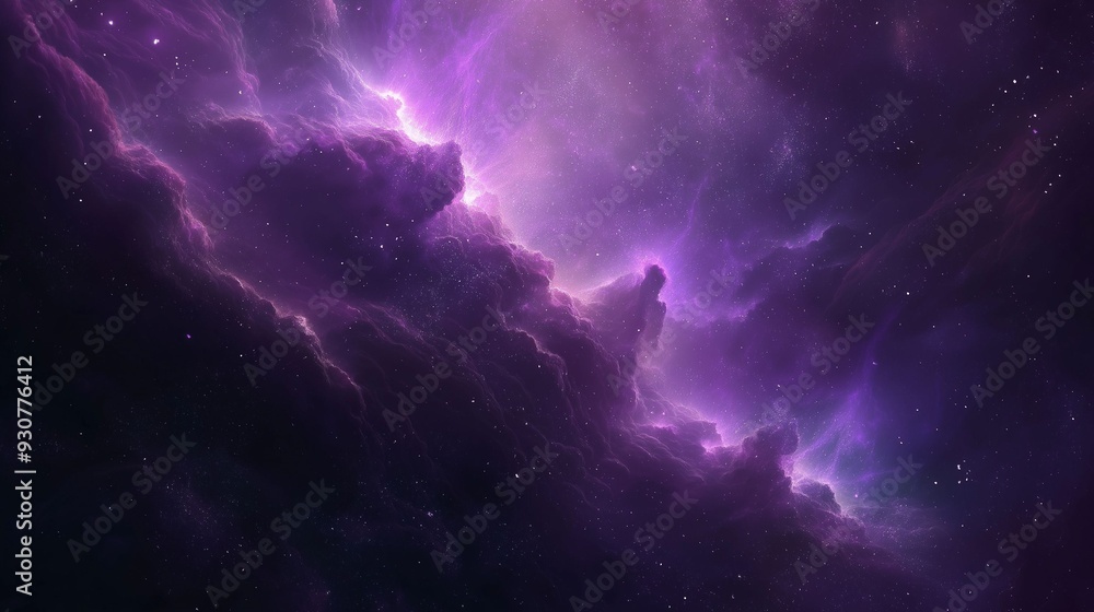 Fototapeta premium A stunning purple nebula emitting bright light in deep space, surrounded by stars and cosmic dust.