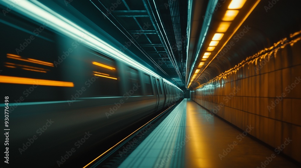 A subway train speeds through a dimly lit underground station, with motion blur.. A subway train speeds through a dimly lit underground station, with motion blur..