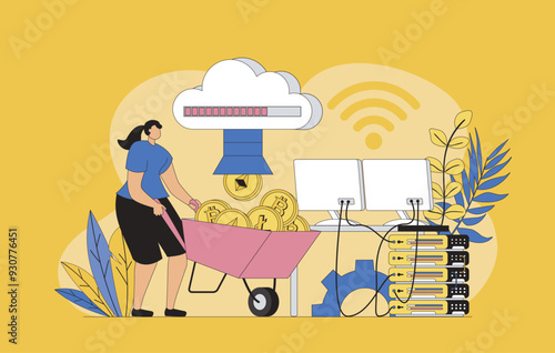 Cryptocurrency technology concept with modern flat design for web. Woman invests in bitcoins and other virtual coins at marketplace, mining digital money at farm, earning profit. Vector illustration.