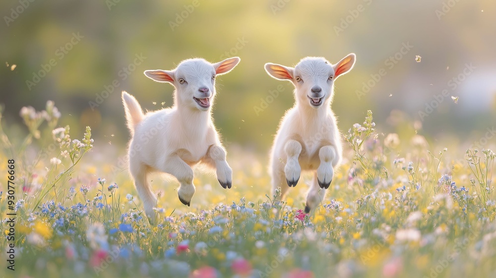 Two joyful baby goats leaping through a vibrant, sunlit field filled with wildflowers. Two joyful baby goats leaping through a vibrant, sunlit field filled with wildflowers.